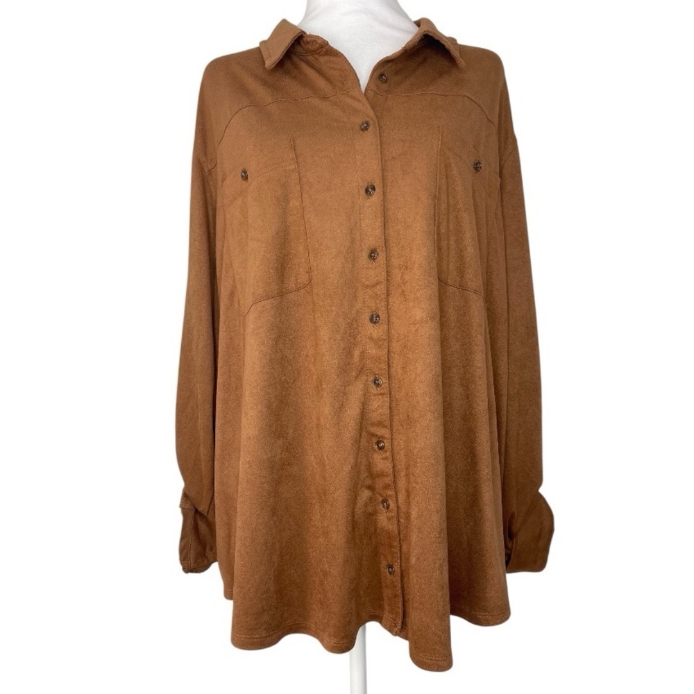 Cato Brown Faux Suede Long Sleeve Blouse Button up Front Pockets Fall 22/24W